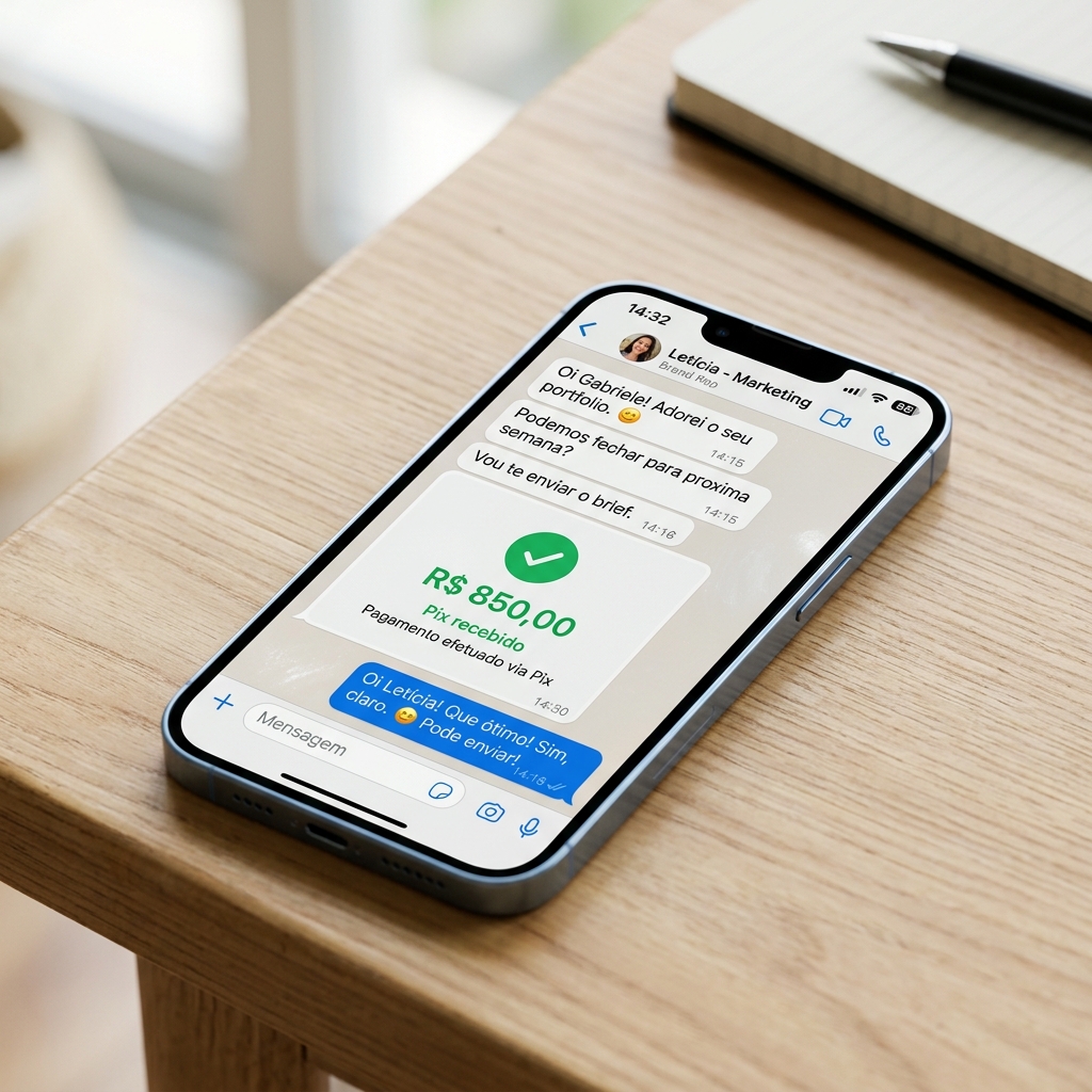 Print de conversa com marca e pagamento via Pix recebido